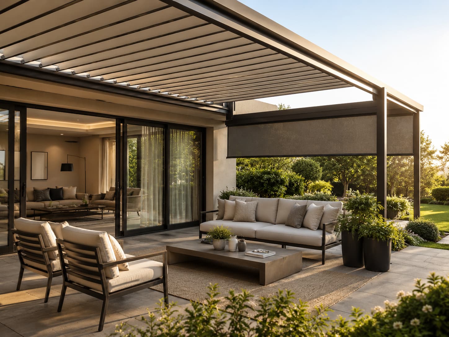 Gün batımında lamelli pergola ve zip perdeli modern teras