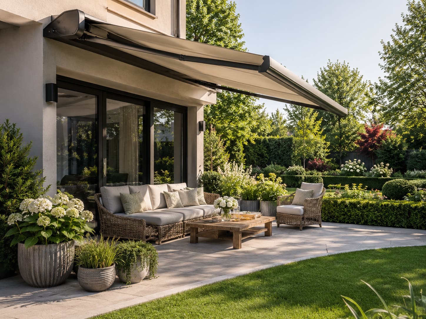 Pergola — koyu alüminyum lamelli çatı ve şehir manzarası