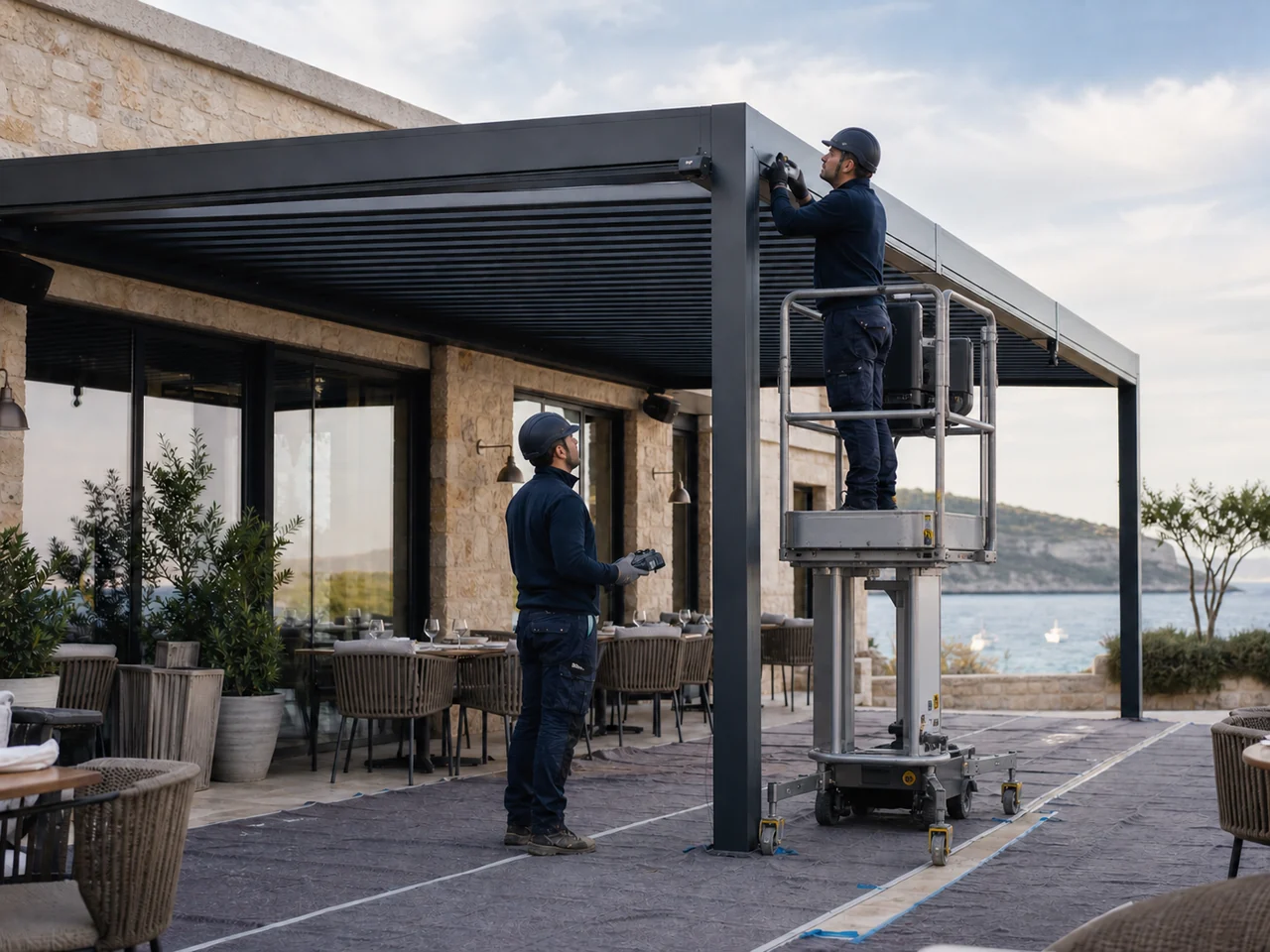 Bioclimatic pergola installation completed from a safe work platform